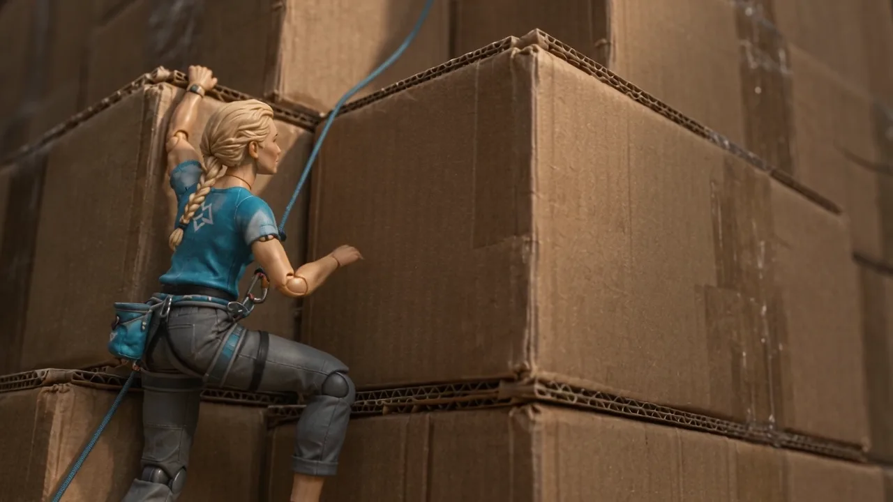 Miniature climbers in EventPrint teal scaling a mountain of shipping boxes toward the summit
