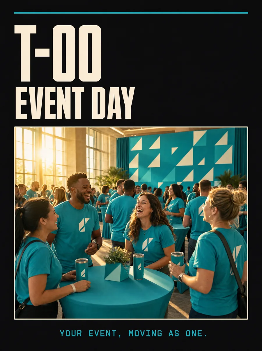 Countdown card T-00, event day: guests in matching teal event tees at a branded venue. Caption: your event, moving as one.
