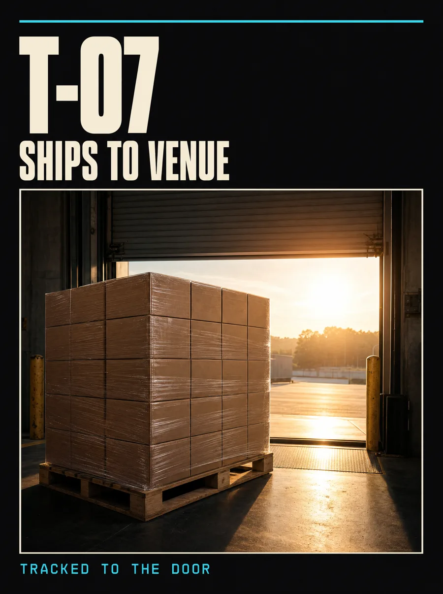Countdown card T-07, ships to venue: a shrink-wrapped pallet at a loading dock at sunrise. Caption: tracked to the door.