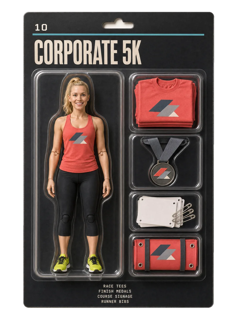 Corporate 5K figurine pack — collectible-style blister card holding an event crew figure and themed gear for corporate 5k.
