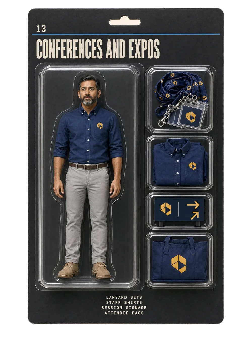 Conferences & expos figurine pack — collectible-style blister card holding an event crew figure and themed gear for conferences & expos.
