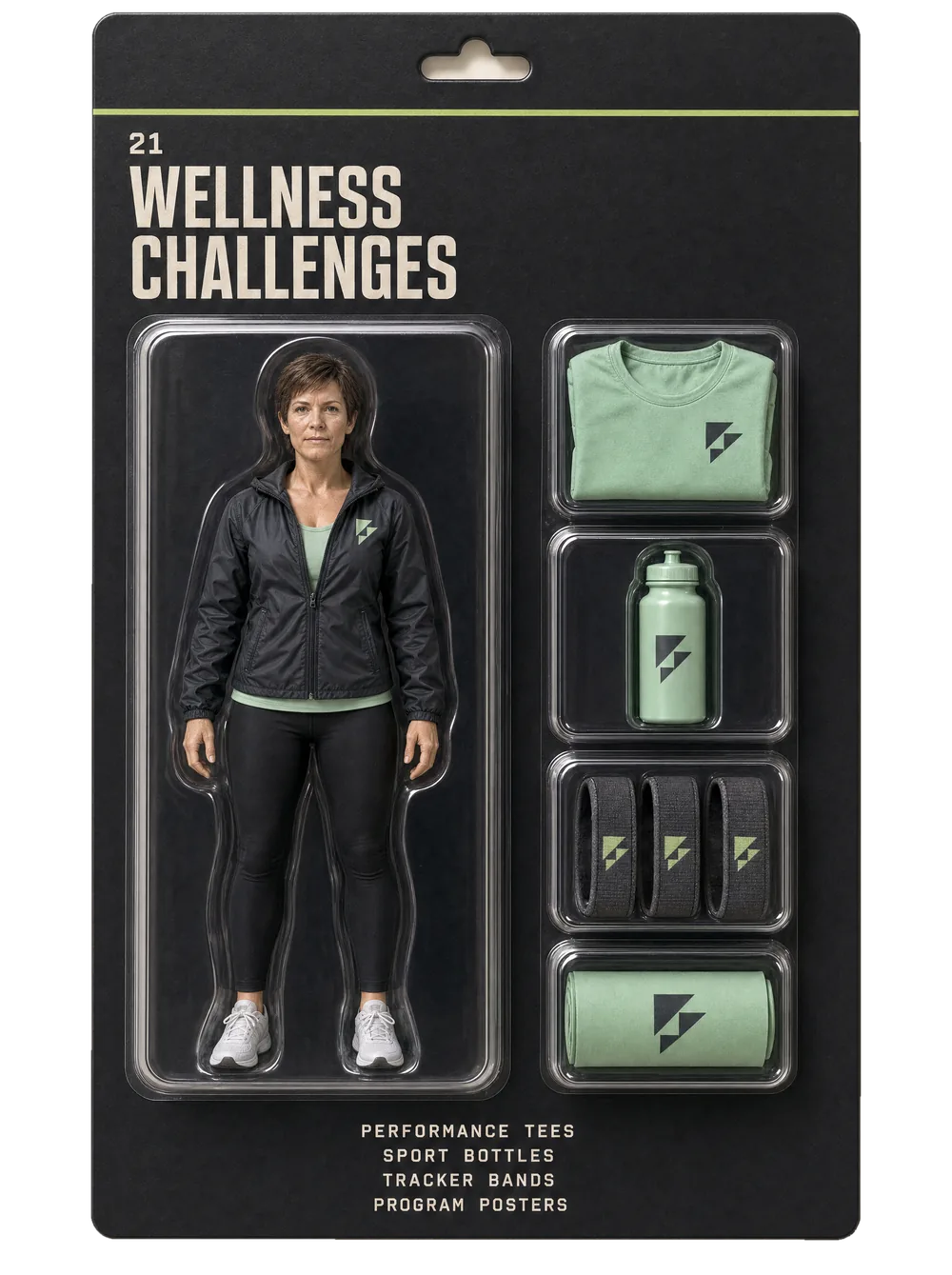 Wellness challenges figurine pack — collectible-style blister card holding an event crew figure and themed gear for wellness challenges.