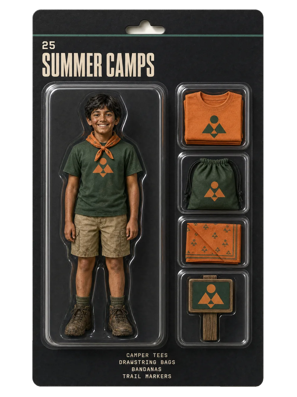 Summer camps figurine pack — collectible-style blister card holding an event crew figure and themed gear for summer camps.